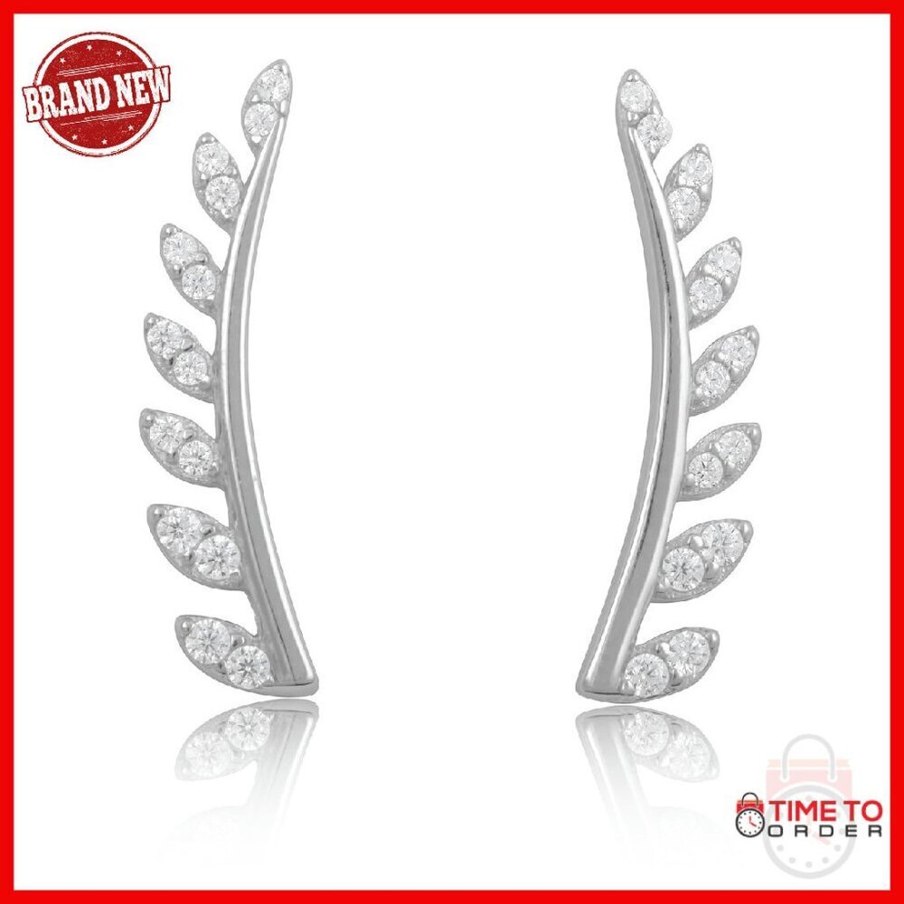 Rhodium Plated Sterling Silver Cubic Zirconia Vine Ear Crawler Earrings